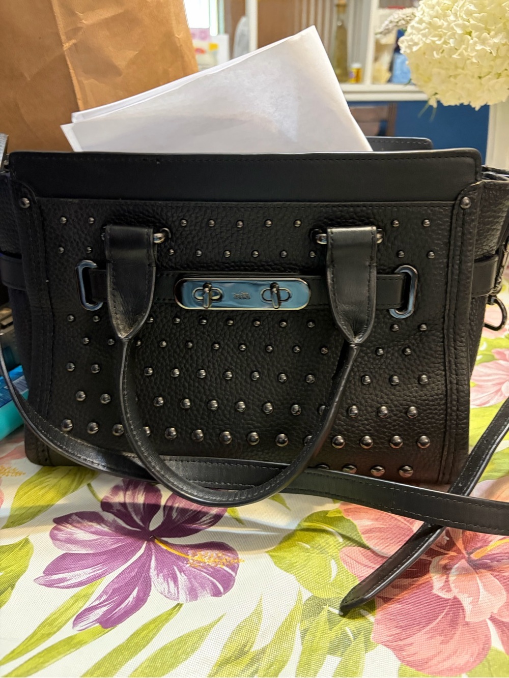 Coach Black Studded Leather Satchel with Top Handles